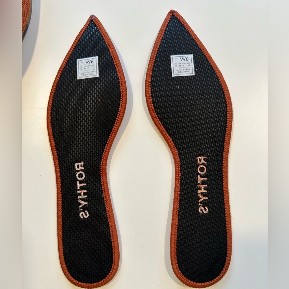 Rothy's Rust Brown Pointed Knit Flats with Blue Trim - Picture 4 of 7